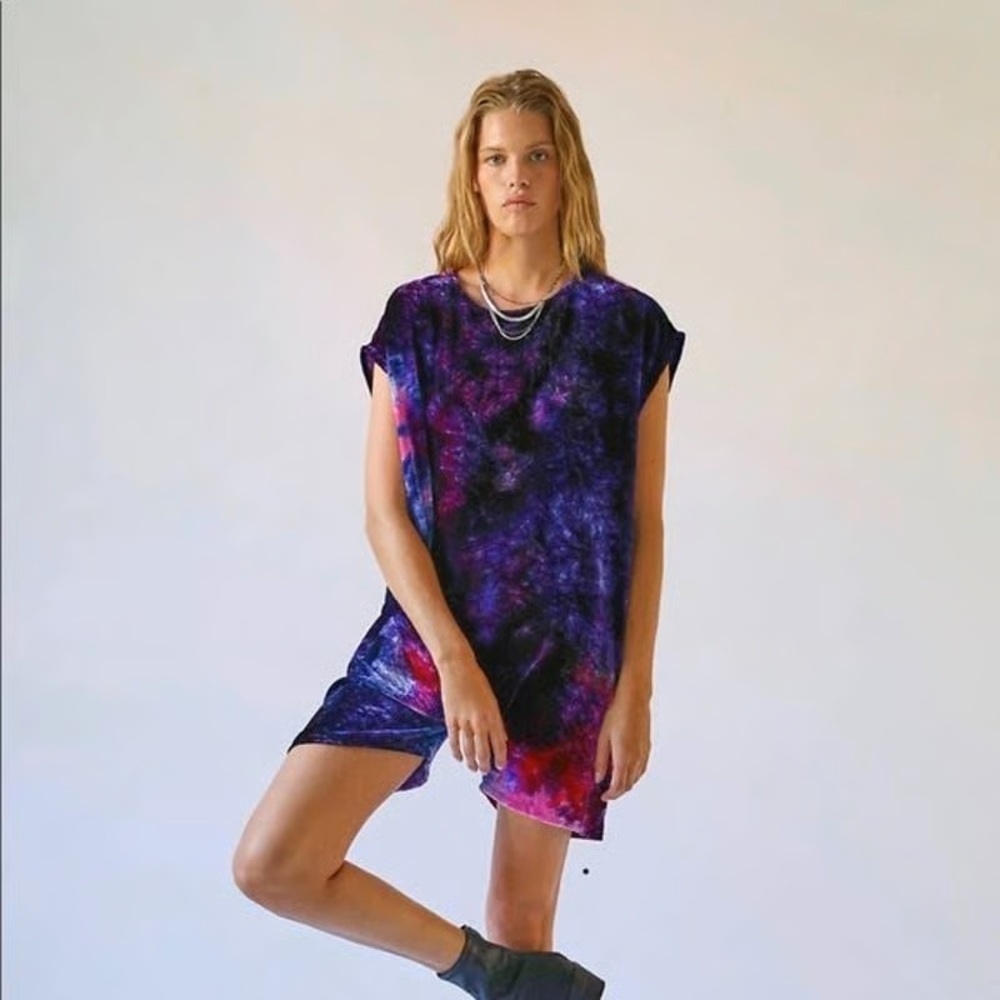 Free People Riverside Tool and Dye Velvet Shapeless Tye Dyed Romper Disco Size S